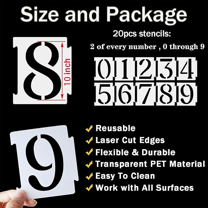 YEAJON 10 Inch Curb Stencil Kit 0-9 Address Number Stencils, 20Pcs Reusable 14 Mil Mylar Plastic Templates for Painting on Road, Wall, Wood, Mailbox