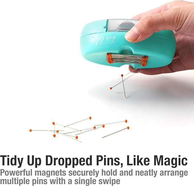 Beaditive Magnetic Pin Cushion with Drawer - Strong Magnet Pin Holder Cushion for Sewing - 50 Glass Head Quilting Pins Included - Chic Pincushion Caddy for Sewing Pins, Paper Clips, Screws – Turquoise