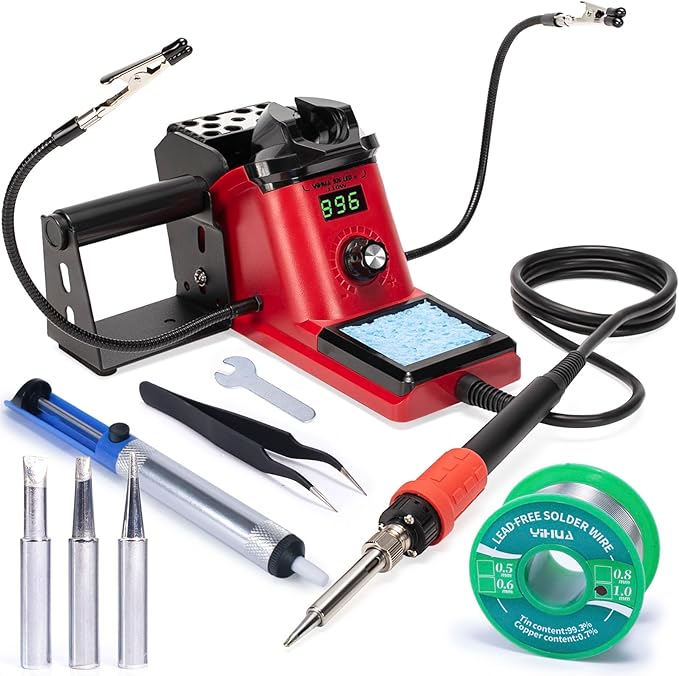 YIHUA 926 III 110W Soldering Iron Station Kit with LED Display, 2 Helping Hands, 3 Extra Iron Tips, 35g Lead-Free Solder, Solder Sucker, S/S Tweezers, °C/°F Conversion, Calibration & Sleep Features