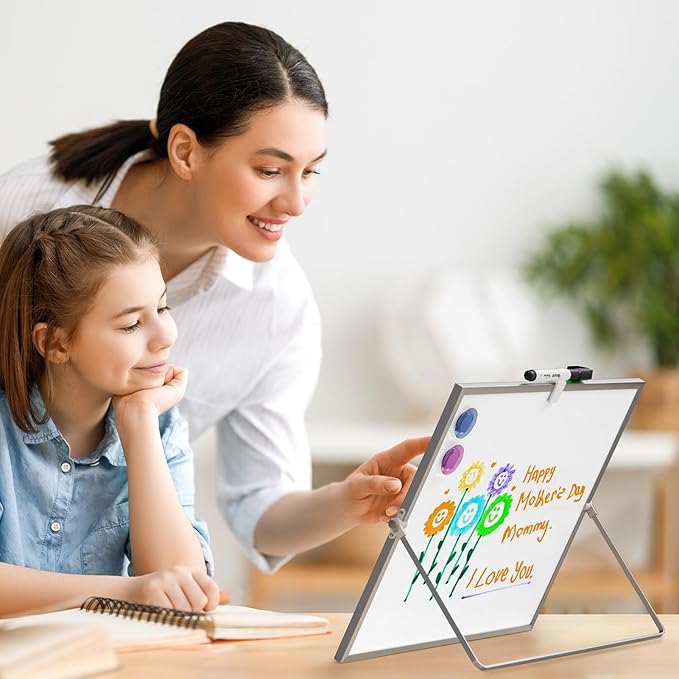 MaxGear Small White Board with Stand, 10" x 10" Double-Sided Magnetic Aluminium Frame Whiteboard, Mini Dry Erase Board for Drawing, Kitchen Grocery List, Memo