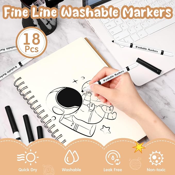 18 Pcs Line Washable Markers Bulk Black Fine Tip Markers Set Coloring Thin Tip Drawing Washable Pen for Kids Art School Classroom Back to School Gender Reveal Party Supplies, Ages 6+