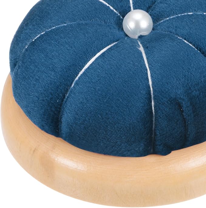 HARFINGTON Wooden Base Pin Cushion Japanese Style Cute Needle Holder Pincushions Round for Sewing Quilting Needlework DIY Crafts, Dark Blue