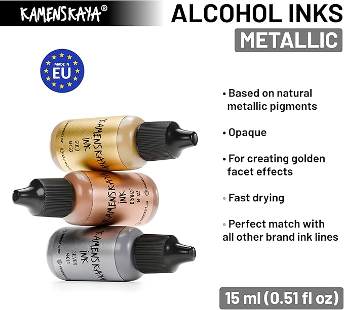 Metallic Alcohol Ink Set - Silver, Bronze, Gold Alcohol Ink - 3 pcs 0.51 fl oz (15 ml) Each