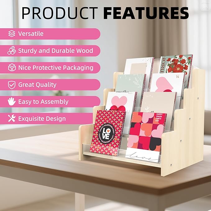 4-Tier Wooden Greeting Card Display Stand, Acrylic Brochure Holder for Retail Counter, Craft Fairs Photo Picture Postcard Organizer Rack, Space-Saving Desktop Display