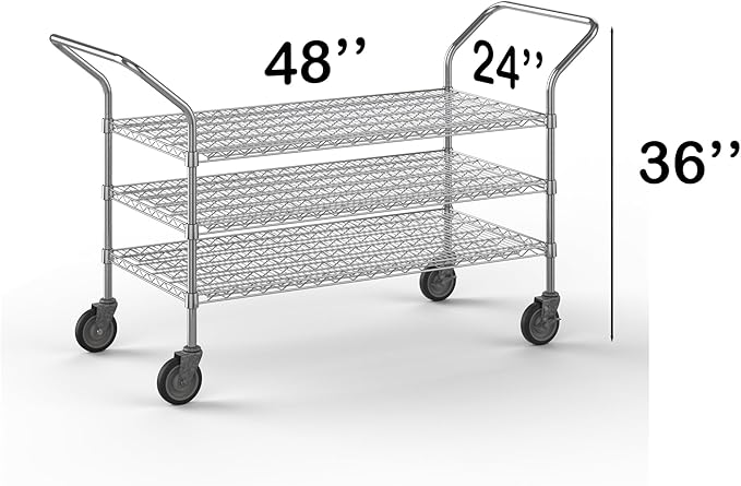 24" W x 48" L x 36" H Chrome Heavy Duty Utility Cart | 3-Tier | NSF Commercial Storage Rack Mobile Unit | Storage and Mobility Solution for Your Business