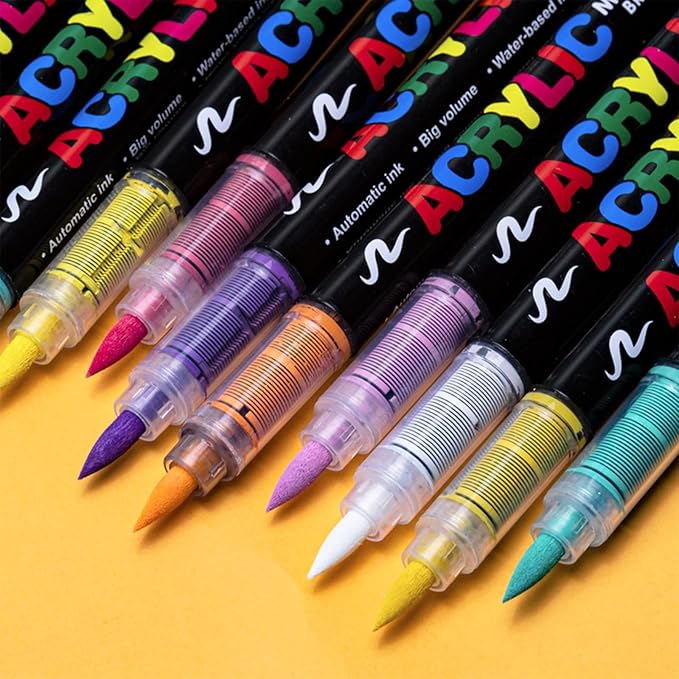 Guangna Acrylic Paint Markers,24 Colors with Direct-Liquid Ink Control System, Professional-Grade Paint Pen for Rock Painting, Canvas, Glass, Plastic, Fabric & Creative Crafts