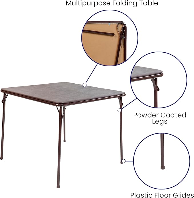 EMMA + OLIVER 33.5" Square Multipurpose Folding Card Table for 4 Players, Portable Square Folding Table with Padded Vinyl Top, Brown