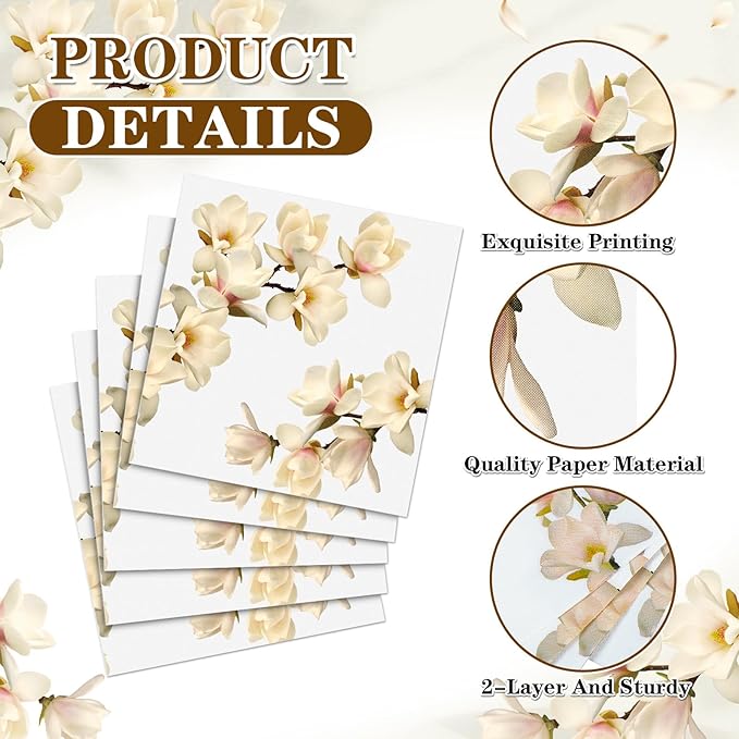 60 Pcs White Magnolia Floral Cocktail Paper Napkins 6.5 x 6.5 Inches Disposable Paper Napkins Dessert Beverage Tissue for Decoupage Luncheon Tissue for Theme Party Wedding Birthday Party