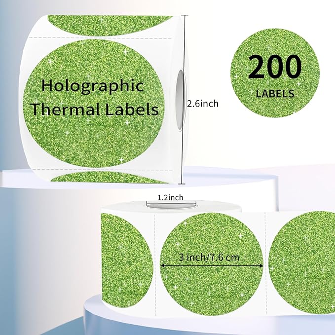 3" Holographic Thermal Label Stickers, Round Direct Thermal Label Stickers, Glitter Thermal Printer Sticker Labels for Gift Wrapping, Self-Adhesive Custom Logo Design- Glitter Green