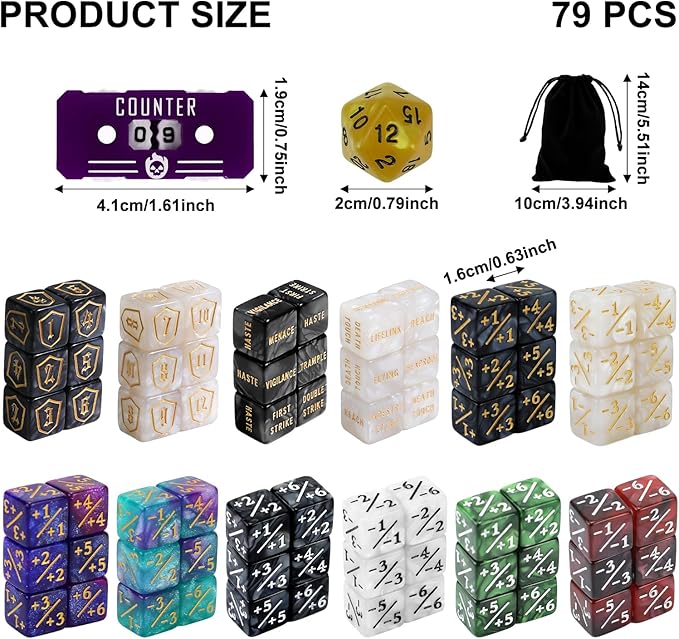 79PCS MTG Dice Counters Bulk Ability Keywords Dice Set, MTG Health Tracker Life Counter Plus 1/+1 Shield Buff Tokens for TCG Magic Card Games Accessories CCG Creature Stats