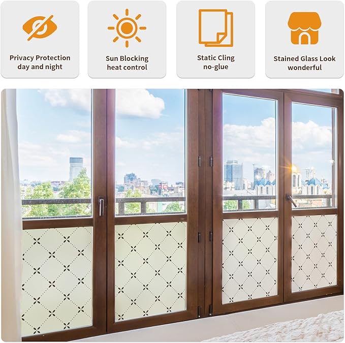 DKTIE Geometric Art Stained Glass Window Film Bathroom Window Privacy Film Frosted Glass Static Clings Non Adhesive with Installation Tools, Modern Home Improvement Style (S119, 35.4'' x 78.7'')