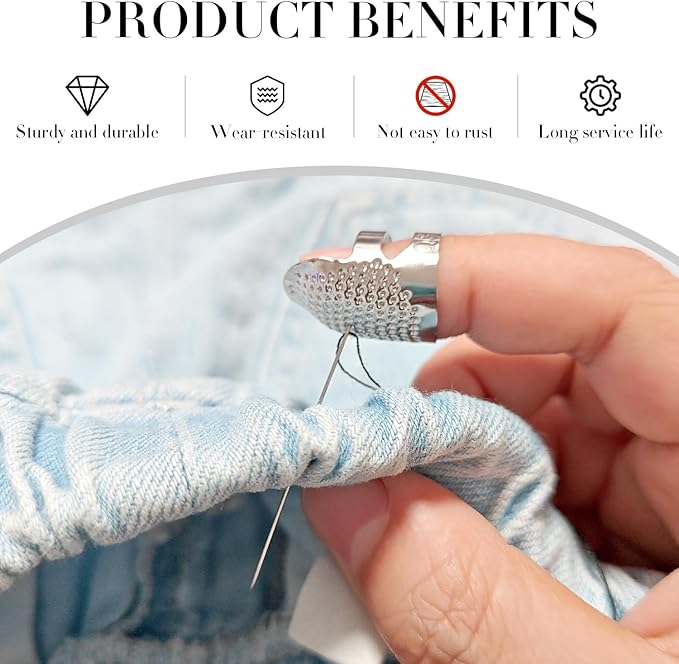 FR 4 Pack (2 Sizes, S/M) Thimble Finger Protector, Adjustable Metal Shield for Pins and Needles, Sewing Quilting Craft Accessories, DIY Tools, Needlework Silver