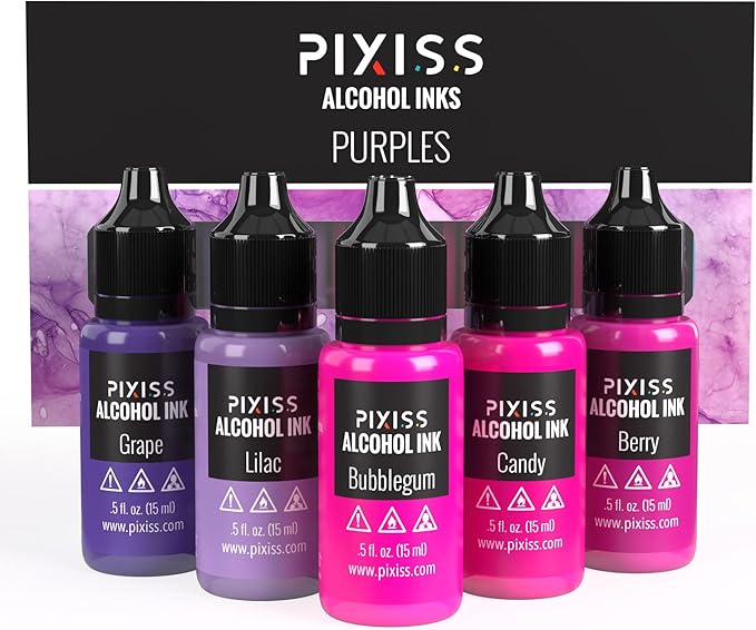Pixiss Purple Alcohol Ink Set - 5 Shades of Highly Saturated Alcohol Ink for Epoxy Resin Supplies, Yupo Paper, Tumblers, Coasters - Resin Colorant for Epoxy Resin and Resin Art Supplies