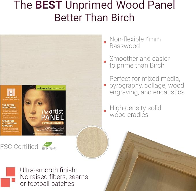 Ampersand Art Supply Unprimed Basswood Artist Panel, 7/8" Cradled Profile, 5"x7"