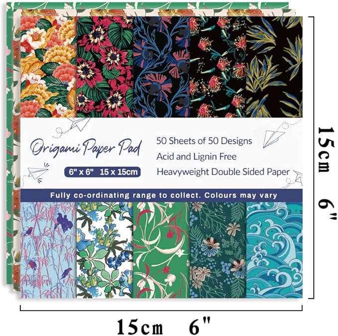 Origami Paper Kit 50 Sheets 6 Inch Square Double Sided Color 50 Vivid Japanese Washi Chiyo Colors for Hand Crafts Origami Paper Arts Creativity Flowers