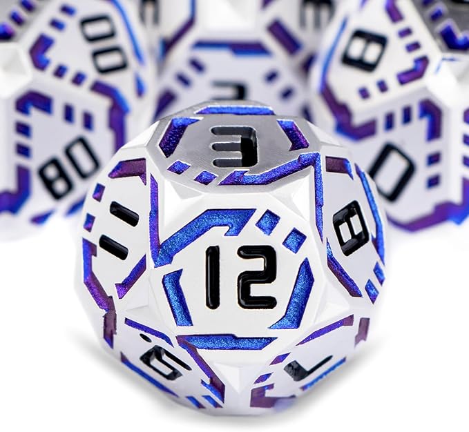 Metal DND Sci-fi Dice Set 7PCS Stripe Polyhedral Dice for Dungeons Dragons RPG Role Playing Game, Glitter D and D Dice with Gift Box D6 D8 D10 D12 D20 (Silver Blue)