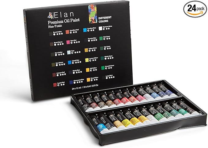 Elan Professional Oil Paint Set, 24 Vibrant Colors Mini Tubes 0.4fl oz, Non-toxic Oil Paints for Canvas Painting, Art Paints for Adults & Artists