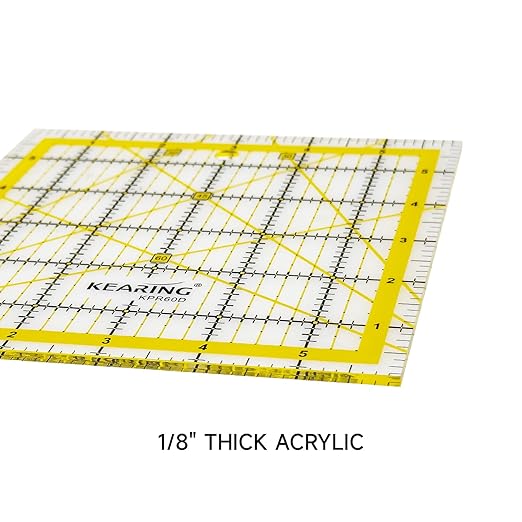 KERING Patchwork Quilting Ruler - 6x6 inch Non-Slip Acrylic Square Ruler for Foundation Paper Piecing, Bias Strips & Rotary Cutting, Durable Quilter's Tool with Anti-Slip Backing