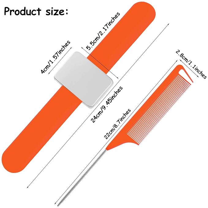 WILLBOND Magnetic Wrist Sewing Pincushion Wrist Magnetic Pin Holder Wristband Pin Cushion Holder with 3 Pcs Stainless Steel Pintail Comb Rat Tail Comb for Hair Clips Hand Sewing(Orange)