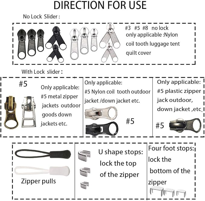 JOSDIOX 255-Piece Zipper Repair Kit – Replacement Sliders (#3, #5, #8), Install Pliers Tool, and Zip Extension Pulls for Jackets, Luggage, Backpacks, Tents, and Sleeping Bags