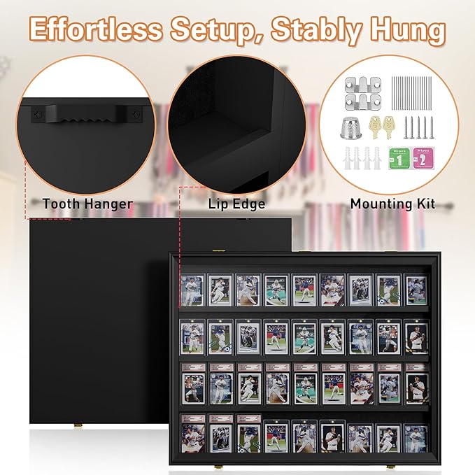 Mlikero Baseball Card Display Case, 36 Graded Card Display Frame Lockable, Trading Card Display with UV Protection Sports Card Display Case for Baseball Cards, Football Cards, Sports Cards