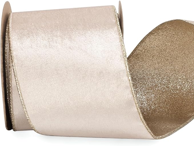 Ribbli Light Champagne Velvet Wired Ribbon 4 Inch Ivory Velvet with Champagne Glitter Christmas Ribbon for Christmas Tree Decoration Big Bow Gift Wrapping Crafts Wreaths Supplies- 10 Yards