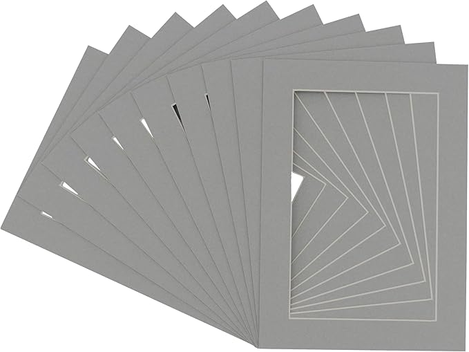 11x14 Mat for 8.5x11 Photo - Precut Mid Grey Picture Matboard for Frames 11 x 14 Inches - Bevel Cut Matte to Display Art 8.5 x 11 Inches - Acid Free Pack of 10 MATS with Backing Boards & Clear Bags