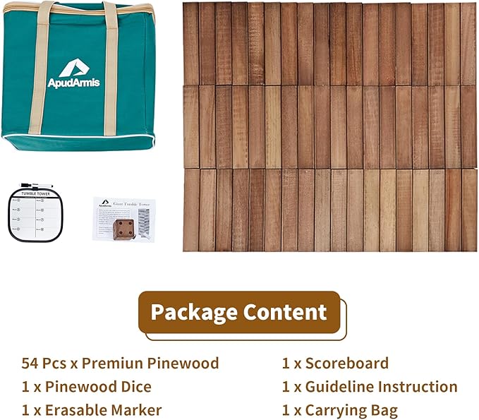 ApudArmis 54 PCS Tumble Timber Set Up to 3.2FT, Pine Wooden Tumble Tower Game with Dice and Scoreboard Set - Classic Block Stacking Board Game for Adults Teenagers (Brown)