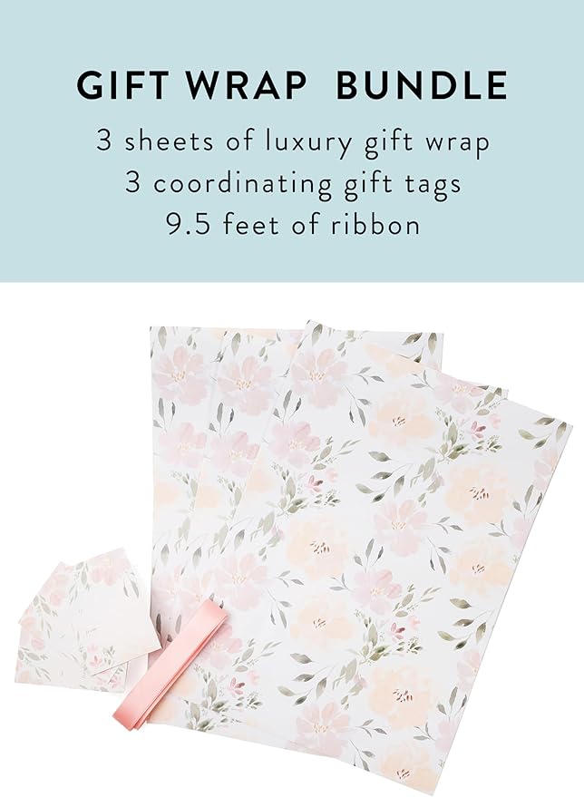 Itsy Belle Studio Floral Wedding Wrapping Paper sheets + Ribbon Set with Tags - White Gift Wrap, Pink Floral, Boho Bridal Shower
