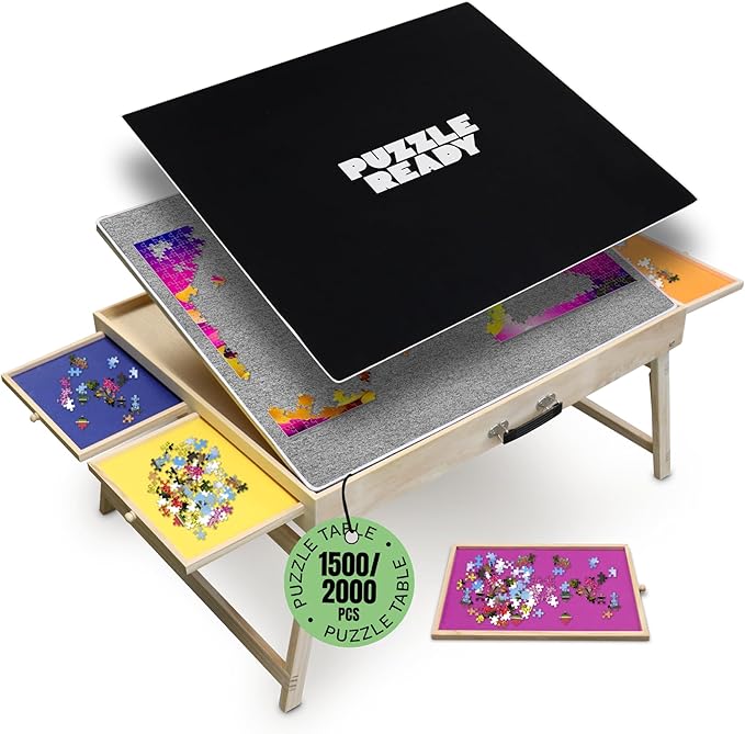 Puzzle Ready Puzzle Table with Drawers - 1500-Piece Wood, 27" x 36", Foldable & Portable - Jigsaw Puzzle Table & Organizer Design with 4 Color-Coded Trays, 3 Tilt Angles & Cover Mat