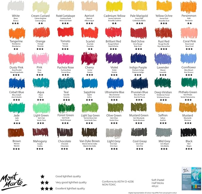 Mont Marte Soft Pastel Half Sticks 72pc, Pastels Art Supplies, Artist Quality Pastels, Extra Soft and Smooth Texture, Ideal for Professional Level Artwork