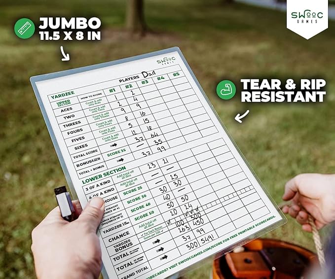 SWOOC Games® - 5 Big Premium Laminated Yardzee & Farkle Score Cards (11.5in x 8in) with Rules - Large Reusable Dry Erase Pads for Giant Outdoor Dice