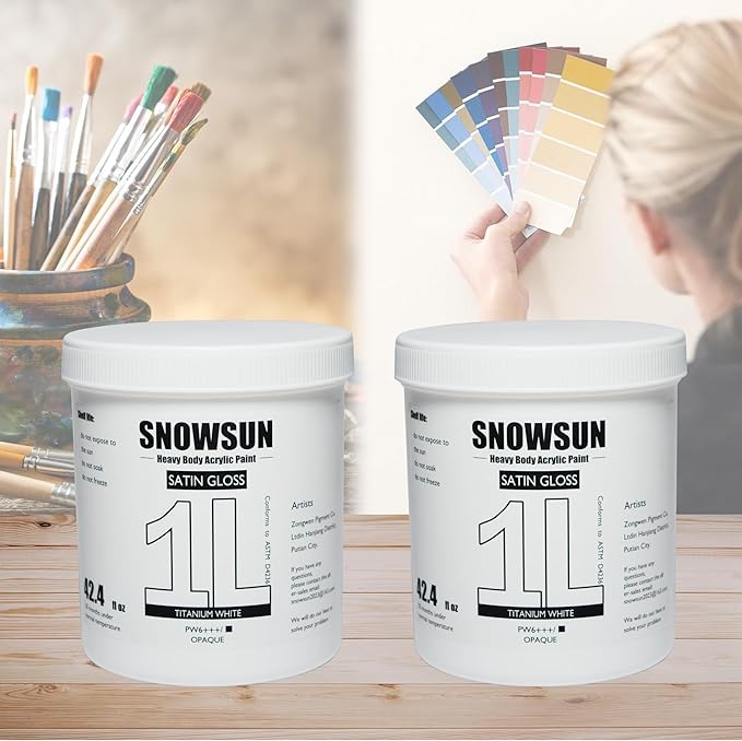 SNOWSUN Basics Titanium White Acrylic Paints, Large Bulk Acrylic Paint (42.4 oz, 1000ml) Non Toxic Gloss Heavy Body Art Paint for Multi-Surface, Ideal for Canvas Wood Ceramic Fabric and Nail Art Leather, Stone Craft, for Artists & Beginners