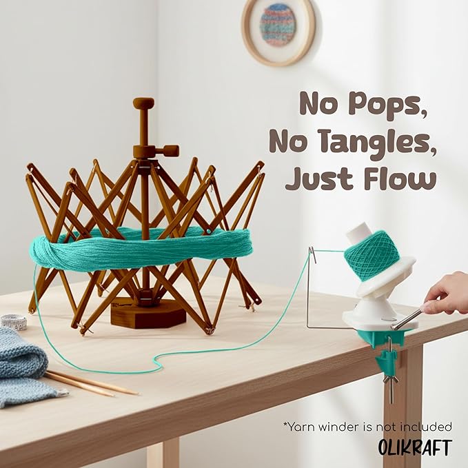 Olikraft Wooden Yarn Swift - Lightweight Reverse Yarn Umbrella Swifts, Ball Swift, Skein Winder (Brown) (Patented)