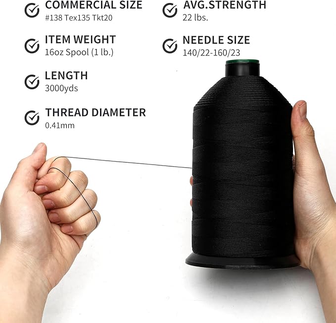 Extra Strong Bonded Nylon Thread #138 Tex135 – 16 OZ, 3000yds, Versatile Stitching Solution for Leather, Upholstery, Canvas Repair and More (Black)