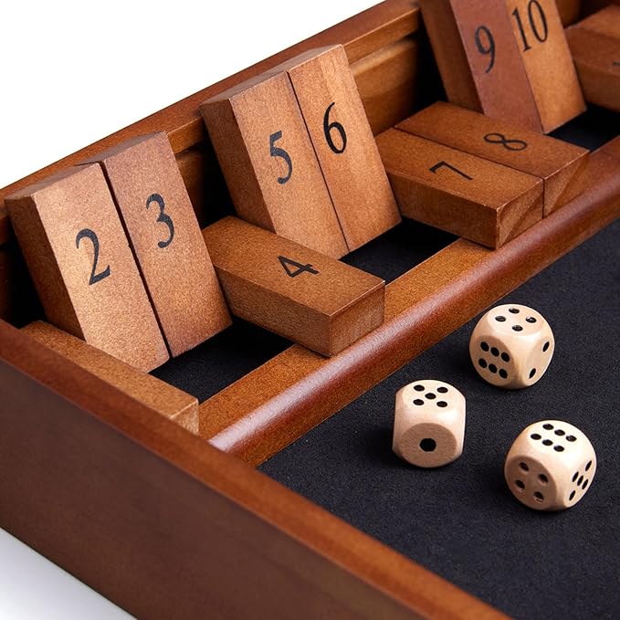 VAMSLOVE Shut The Box Dice Game Wooden Board Table Math Game for 2 Players and Up, 12 Numbers Close The Box with 6 Dice for Kids Adults Family (Instructions Included)
