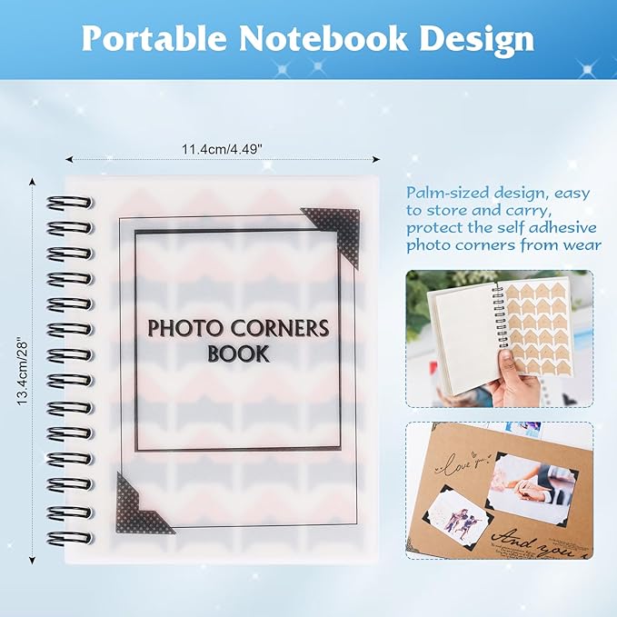 GOONAVI 10 Sheets 240 PCS Shiny Silver Acid-Free Photo Corners Notebook, Self-Adhesive Photo Corners for DIY Photo Album Journal, Photo Corner Stickers for Trip Journal Memory Book