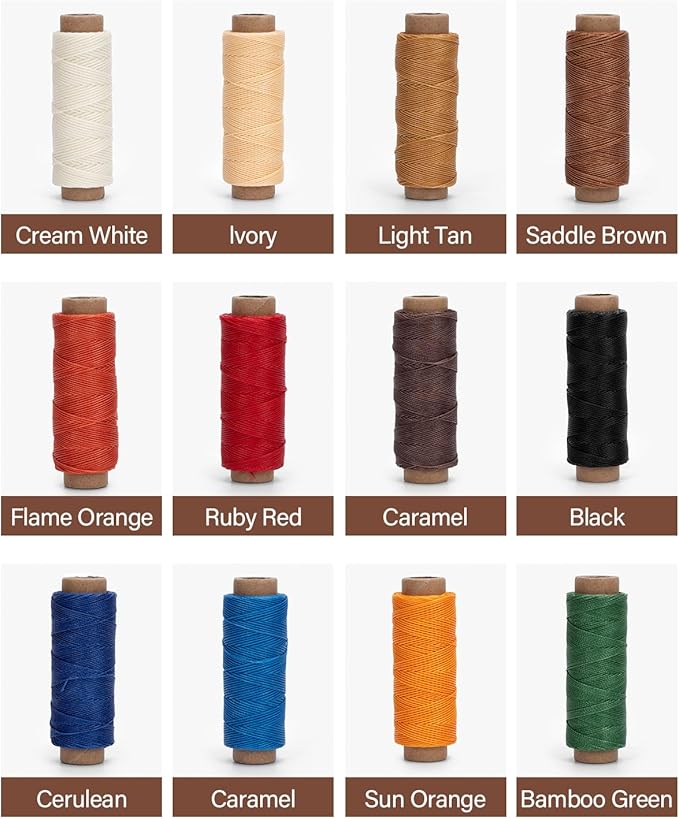 WUTA Leather Waxed Thread Round Polyester Sewing Threads with 12 Pcs Needles and Storage Bag Leather Craft Hand Stitching Line DIY Bracelet Thread Repair Work Cord (0.45mm
