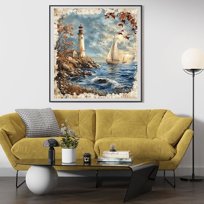 Moohue 14ct Counted Cross Stitch Kits for Adults Seaside Tower Boat Printed Stamped Cross Stitch Patterns Kits Cross Stitch Supplies (Seaside Tower Boat)