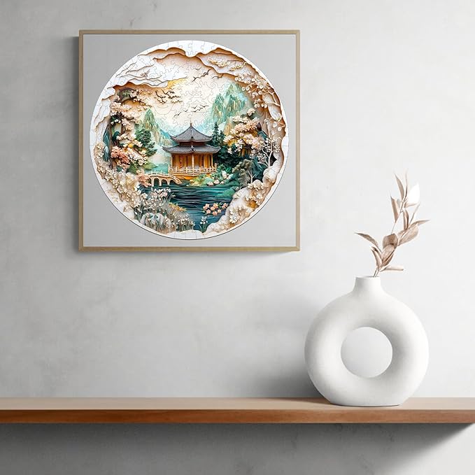 KAAYEE Wooden Puzzles for Adults, 3D Visual Effect Chinese Landscape Painting Wooden Jigsaw Puzzle Unique Shape Wood Puzzle Adult, 3D Effect Flat Puzzle Birthday Family Games (L-13.4*13.4 in-285pcs)