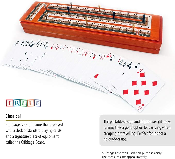ERLLE - Wooden Cribbage Board Game Set, Continuous 3 Track Wooden Board, 9 Metal Pegs, 2 Decks of Cards, Sliding Lid and Storage, Unique Cribbage Boards,Travel Portable Cribbage Game Sets