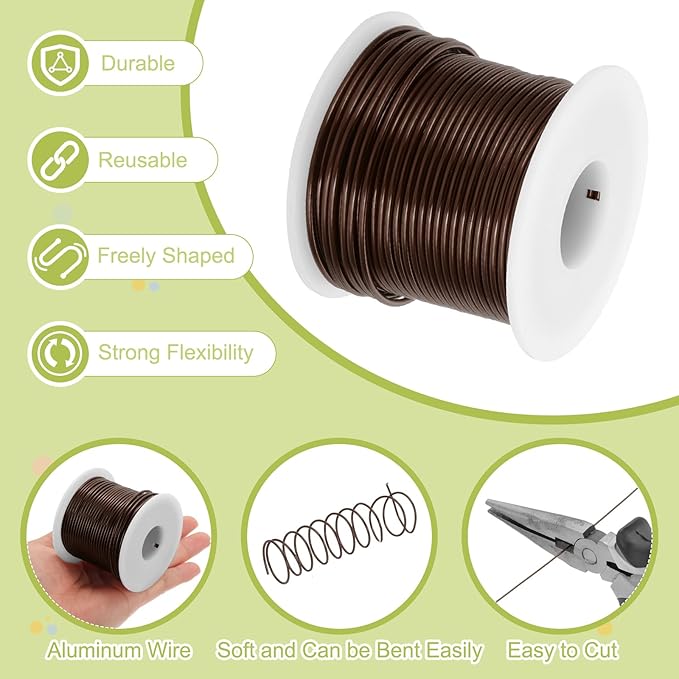 MECCANIXITY 12 Gauge Anodized Aluminum Craft Wire Bendable Bonsai Training Wire 98 Feet 2mm for Sculpting Crafts Wreath Floral Beading Jewelry Making, Brown