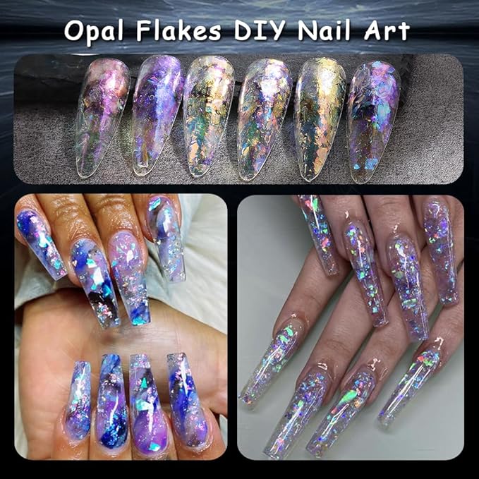 Holographic Opal Nail Art Glitter Flakes, 6 Colors Aurora Iridescent Pigment Powder Irregular Ice Crystal Mermaid Paillettes Sparkly Chunky Glitter Sequins for DIY Manicure Nail Decorations