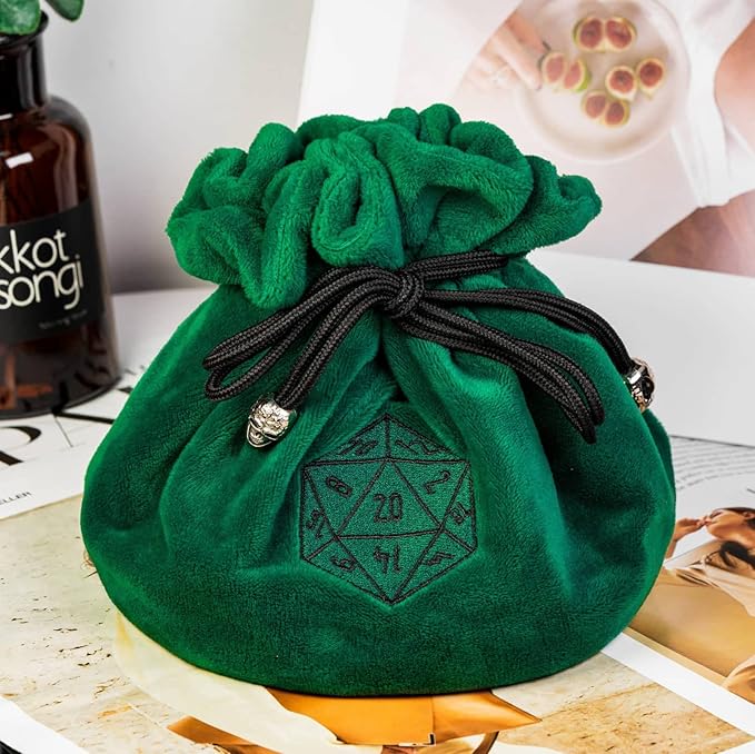 Large Dice Bags D&D with Pockets Green Storage Bag D20 Logo for DND RPG Game Dices - Capacity 200+ Dice