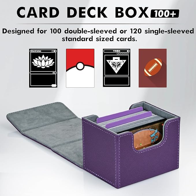 ZLCA Card Deck Box for Trading Cards, MTG Commander Deck Box Holds 120+ Single Sleeved, Leather Magnetic Card Storage Case Fits for TCG CCG Magic (Purple)