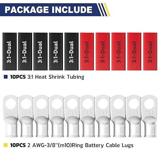 haisstronica 10pcs 2 AWG - 3/8" (M10) Tinned Copper Battery Lugs, Heavy Duty Copper Wire Lugs with 10pcs 3:1 Adhesive Heat Shrink Tubing, 2 Gauge Wire Lugs, Tinned Copper Battery Cable Ends