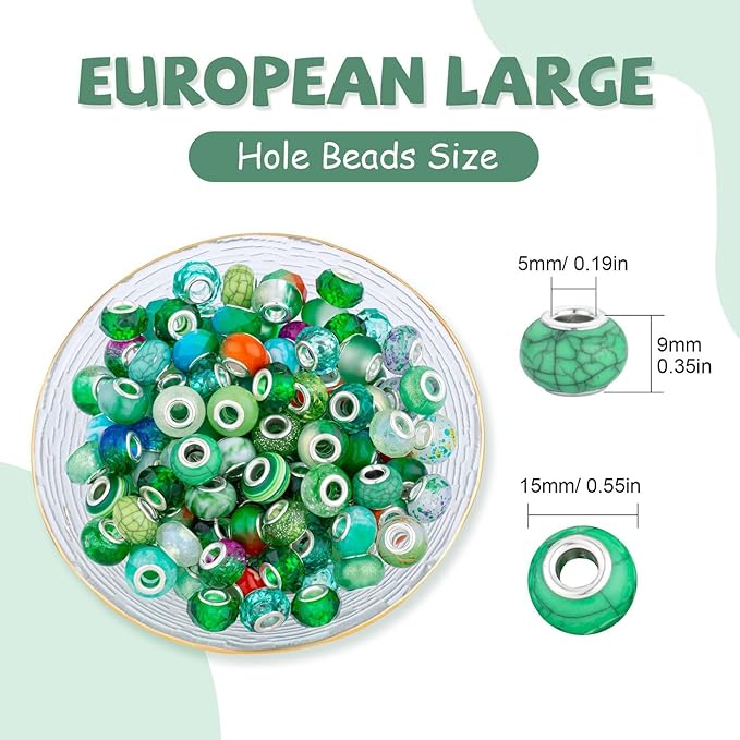 LAIDANLA Green Mix Large Hole Beads, 100pcs 15mm x 5mm Round Resin, Plastic, Acrylic Loose Beads for Jewelry Making, Bracelet, Necklace, Earrings, Keychain, DIY Gifts