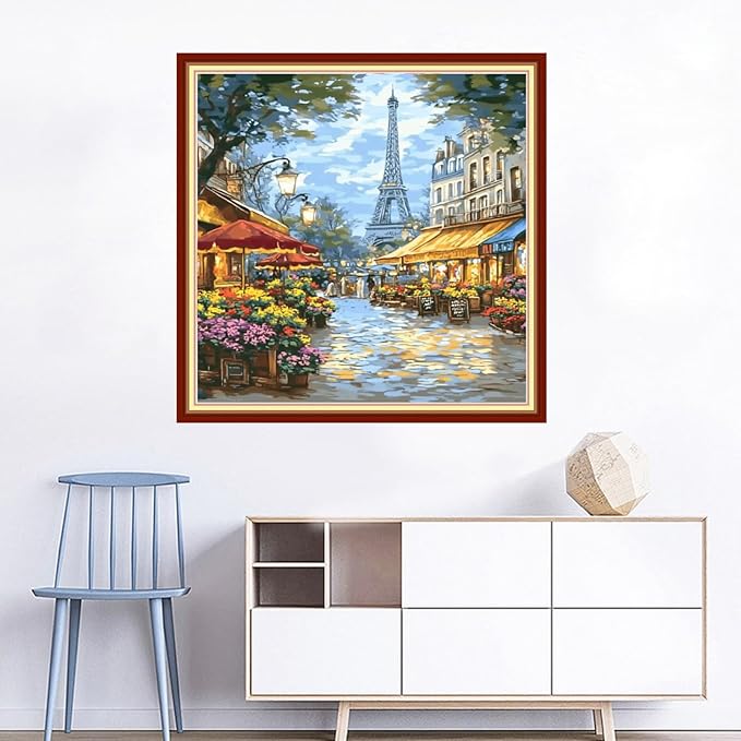 Joyhoor Cross Stitch Kits for Beginners Stamped Cross-Stitch Supplies Needlework preprint Embroidery Kits for Adults DIY Needlepoint Kits Embroidery Patterns 11CT-Street Eiffel Tower 18x18 inchs