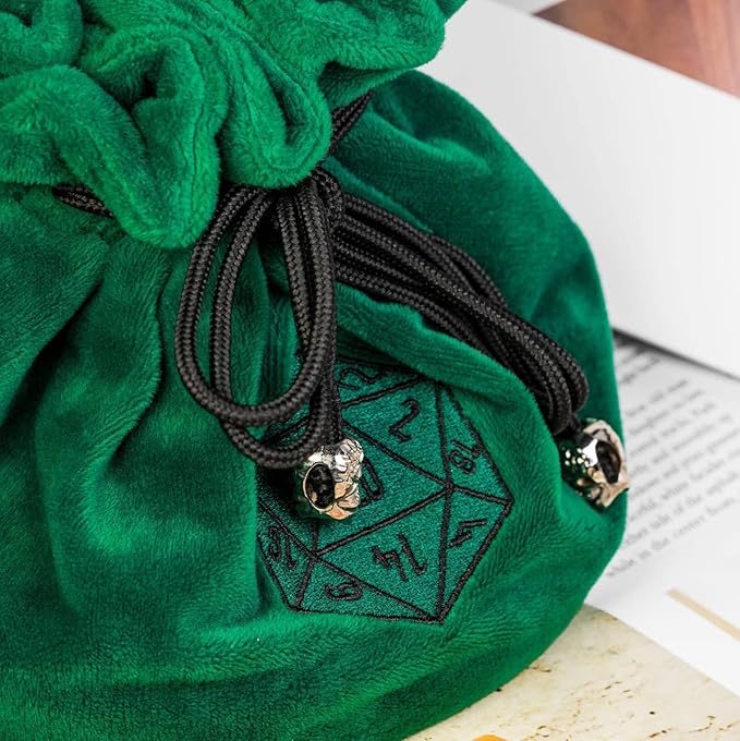 Large Dice Bags D&D with Pockets Green Storage Bag D20 Logo for DND RPG Game Dices - Capacity 200+ Dice