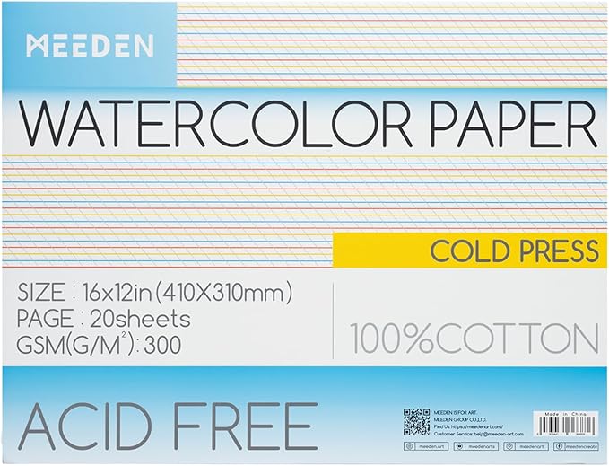 MEEDEN Watercolor Paper Block - 100% Cotton Watercolor Paper Pad of 20 Sheets, 140lb/300gsm, Acid-Free Art Paper for Watercolor, Gouache, Ink and More, 16" x 12" Cold Press
